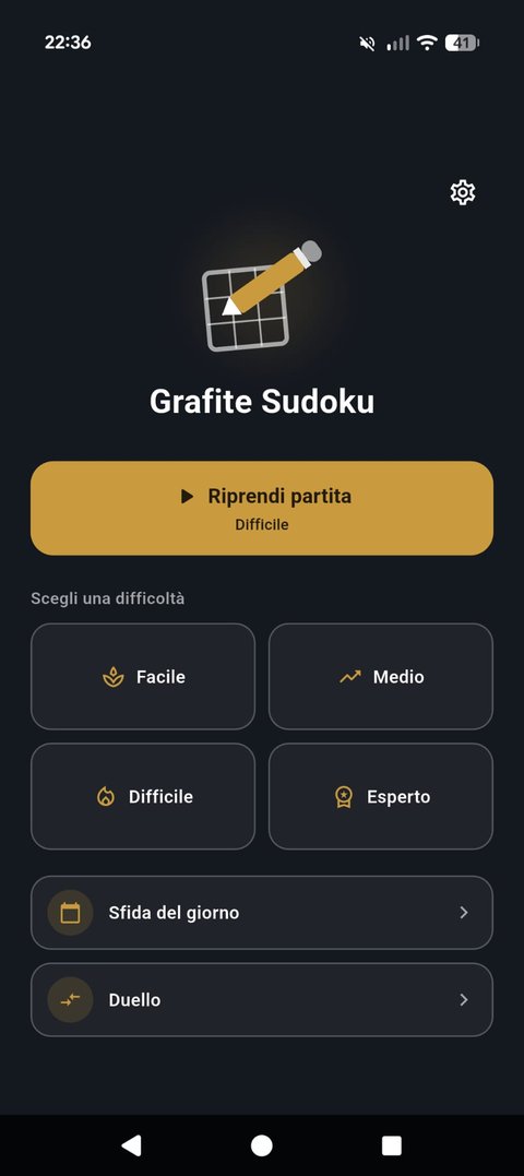 Schermata iniziale di Grafite Sudoku con le difficoltà e la Sfida del giorno