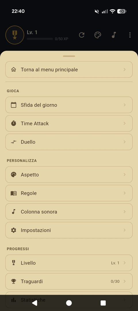 Menu di pausa con Time Attack, Accademia, Livello e Traguardi